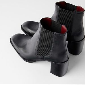 Zara Black Leather Heeled Chelsea Boots Size 37